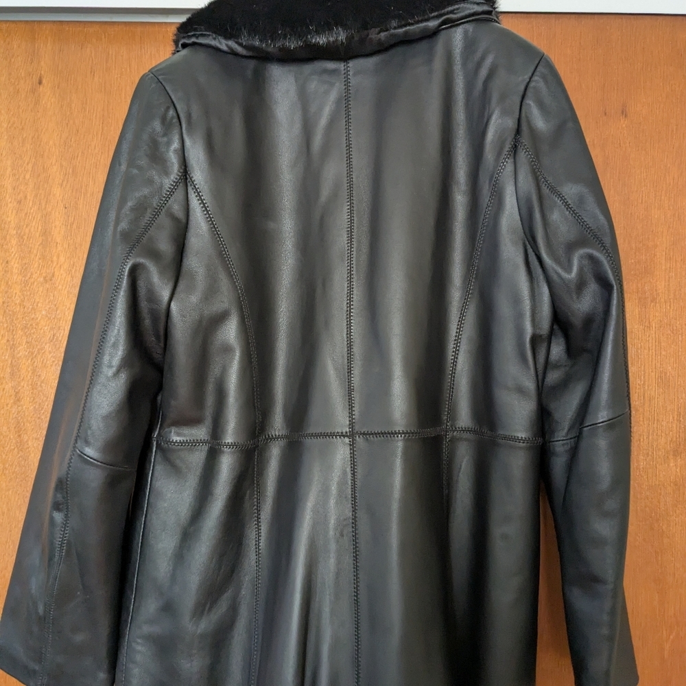 Vintage 90s grunge black leather fur collar full length trench coat button down - Picture 6 of 11